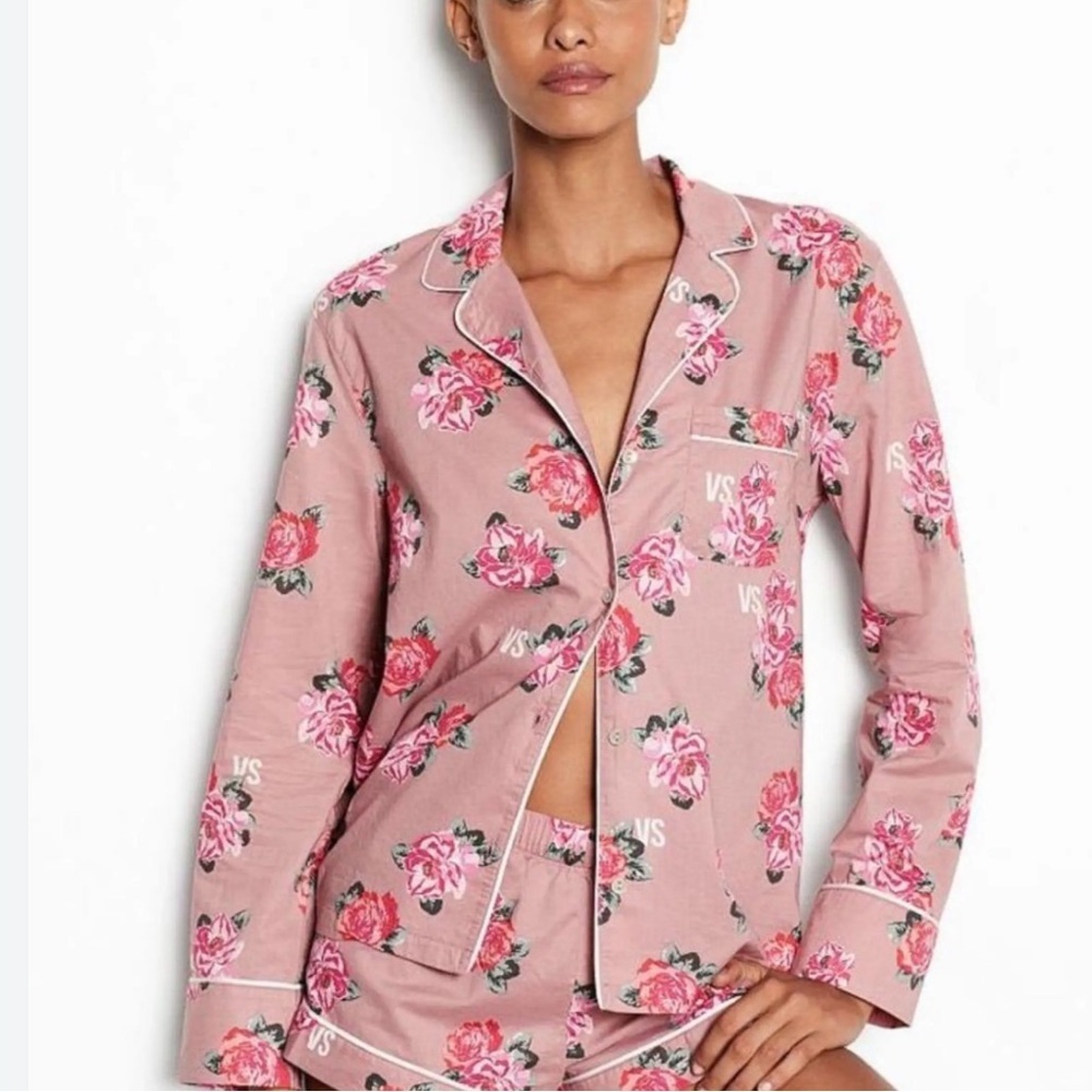 Victoria’s Secret Floral Pajama Top Pink Long Sleeve Button-Up Shirt Size Large